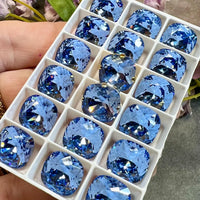 Light Sapphire Genuine Swarovski Crystal, 12mm 4470 Square Cushion Cut With Setting