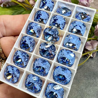 Light Sapphire Genuine Swarovski Crystal, 12mm 4470 Square Cushion Cut With Setting