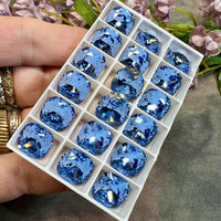 Light Sapphire Genuine Swarovski Crystal, 12mm 4470 Square Cushion Cut With Setting