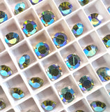 Olivine AB Vintage Swarovski Crystal 34ss Roughly 7.3mm, Dark Olive Green AB Crystal With Settings