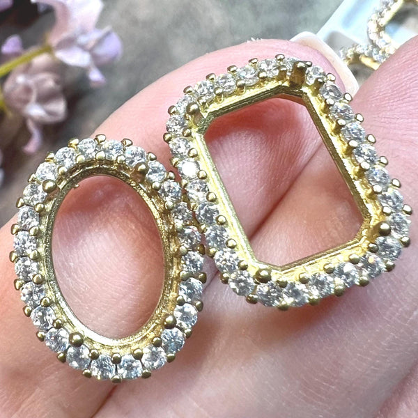 14x10mm Rhinestone Setting, CZ Adorned Crystal Prong Setting, For 14x10mm Octagon OR Oval Crystal and Gems