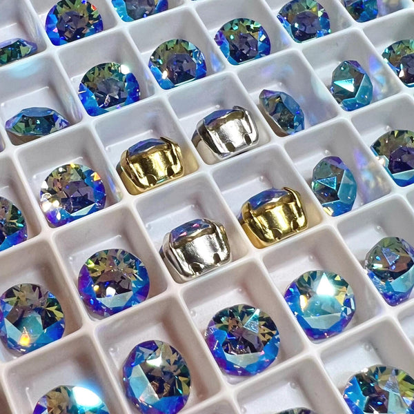 Lt Sapphire Shimmer, 2 Pcs Swarovski Crystal  39ss 8mm Xirus Chaton With Setting, Ocean Blue Shimmer, Bead Embroidery Jewelry Component