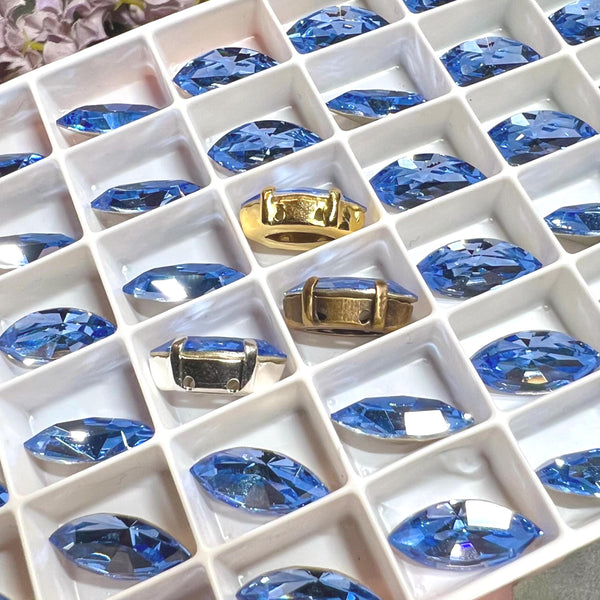 Light Sapphire, 2 Pcs Genuine Swarovski, 15x7mm Navette-Marguise With Setting, Bead Embroidery Jewelry Craft Component, Sky Blue Swarovski
