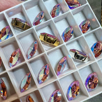Light Rose Shimmer, 2 Pcs Genuine Swarovski, 15x7mm Navette-Marguise With Setting