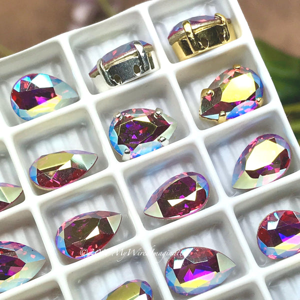 Rose AB 10x7mm Swarovski 2 Pcs Pear 4320, With Silver-Plated or Gold-Plated Settings