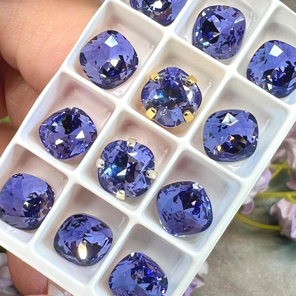 Tanzanite 8mm Swarovski Crystal, 2 Pcs Square-Cushion 4470 With SP or GP Settings, December Birthstone