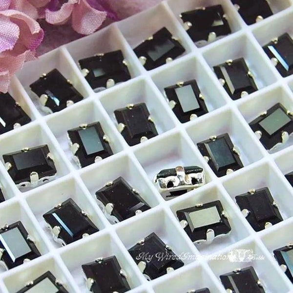 Jet Baguette, 2 Pcs Vintage Art 4510 Swarovski Crystal, 8x6mm With SP Setting