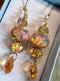 Pink, Red, and Gold Opal Earring, Vintage Czech Handmade Earrings, in SS or 14K GF