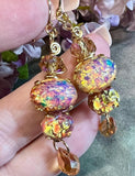 Pink, Red, and Gold Opal Earring, Vintage Czech Handmade Earrings, in SS or 14K GF