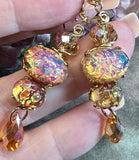 Pink, Red, and Gold Opal Earring, Vintage Czech Handmade Earrings, in SS or 14K GF