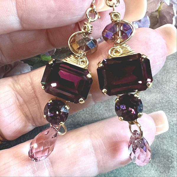Amethyst Dangle Earring, Vintage Swarovski Crystal handmade Earrings, in Sterling Silver or 14K GF