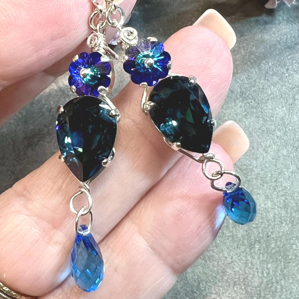 Montana & Heliotrope Earrings, Vintage Swarovski Crystal Handmade Earring, in Sterling Silver or 14K GF