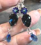 Montana & Heliotrope Earrings, Vintage Swarovski Crystal Handmade Earring, in Sterling Silver or 14K GF