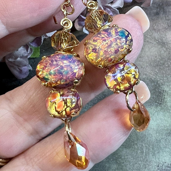 Pink, Red, and Gold Opal Earring, Vintage Czech Handmade Earrings, in SS or 14K GF