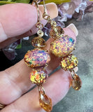 Pink, Red, and Gold Opal Earring, Vintage Czech Handmade Earrings, in SS or 14K GF
