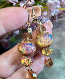 Pink, Red, and Gold Opal Earring, Vintage Czech Handmade Earrings, in SS or 14K GF