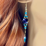 Purple Velvet & Blue Zircon, Swarovski Crystal Long Handmade Earrings, in 14K GF