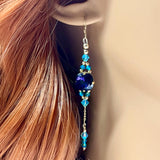 Purple Velvet & Blue Zircon, Swarovski Crystal Long Handmade Earrings, in 14K GF