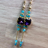 Purple Velvet & Blue Zircon, Swarovski Crystal Long Handmade Earrings, in 14K GF