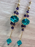 Blue Zircon & Purple Velvet, Swarovski Crystal Long Handmade Earrings, in 14K GF