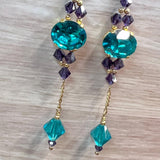 Blue Zircon & Purple Velvet, Swarovski Crystal Long Handmade Earrings, in 14K GF