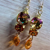 Smoke Topaz AB, Topaz and Orange Swarovski Crystal Long Handmade Earrings, in 14K GF