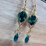 Blue Zircon Earrings, Vintage Swarovski Crystal Wire Wrapped Handmade Earring, in  14K GF