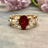 Handmade Ring, Pear Shape Ruby, Lab Grown Dark Ruby-Red, Unique July Birthstone