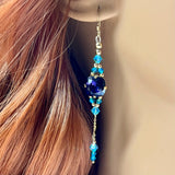 Purple Velvet & Blue Zircon, Swarovski Crystal Long Handmade Earrings, in 14K GF