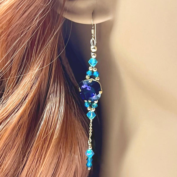Purple Velvet & Blue Zircon, Swarovski Crystal Long Handmade Earrings, in 14K GF