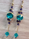 Blue Zircon & Purple Velvet, Swarovski Crystal Long Handmade Earrings, in 14K GF
