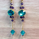 Blue Zircon & Purple Velvet, Swarovski Crystal Long Handmade Earrings, in 14K GF