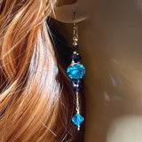 Blue Zircon & Purple Velvet, Swarovski Crystal Long Handmade Earrings, in 14K GF