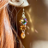 Smoke Topaz AB, Topaz and Orange Swarovski Crystal Long Handmade Earrings, in 14K GF