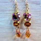 Smoke Topaz AB, Topaz and Orange Swarovski Crystal Long Handmade Earrings, in 14K GF