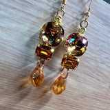 Smoke Topaz AB, Topaz and Orange Swarovski Crystal Long Handmade Earrings, in 14K GF