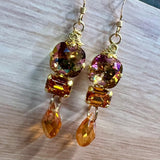 Smoke Topaz AB, Topaz and Orange Swarovski Crystal Long Handmade Earrings, in 14K GF