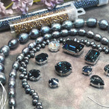 Rare Montana Blue Octagon & Rivoli Crystal Bead Soup - Curated Iridescent Midnight Pearl Jewelry Making Mix