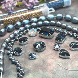 Rare Montana Blue Octagon & Rivoli Crystal Bead Soup - Curated Iridescent Midnight Pearl Jewelry Making Mix