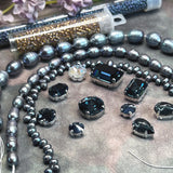Rare Montana Blue Octagon & Rivoli Crystal Bead Soup - Curated Iridescent Midnight Pearl Jewelry Making Mix