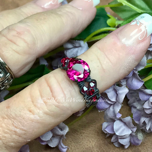 Ruby Stone Ring Gold Fuchsia Vintage Pink Swarovski Crystal 