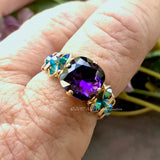 Purple Velvet & Blue Zircon, Swarovski Crystal Handmade Ring 14K GF US Size 7