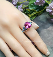 Hot Pink Sapphire and Blue Crystal Pearl Handmade Ring, Made to Order