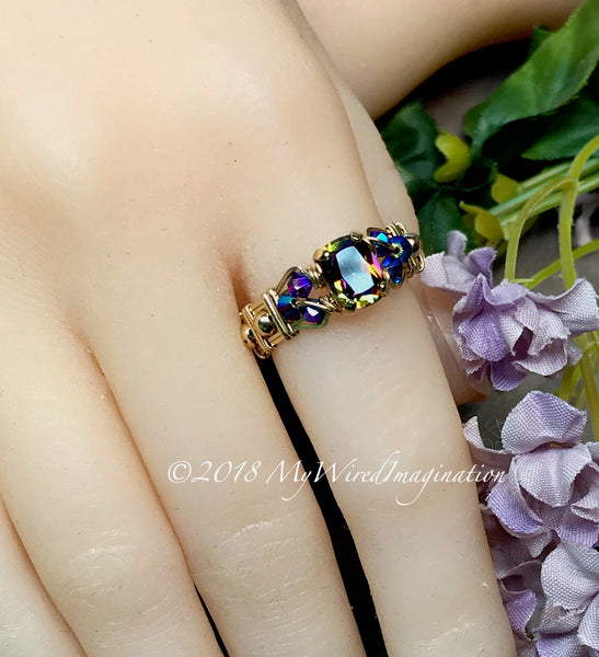Vitrail Dark, Vintage Swarovski Crystal, Handmade Ring in Sterling Silver US Size 10.5