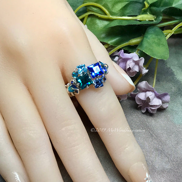 Multi-Stone Ring, Handmade in Swarovski Crystal Blues, Available in SS or 14K GF, Made to Order