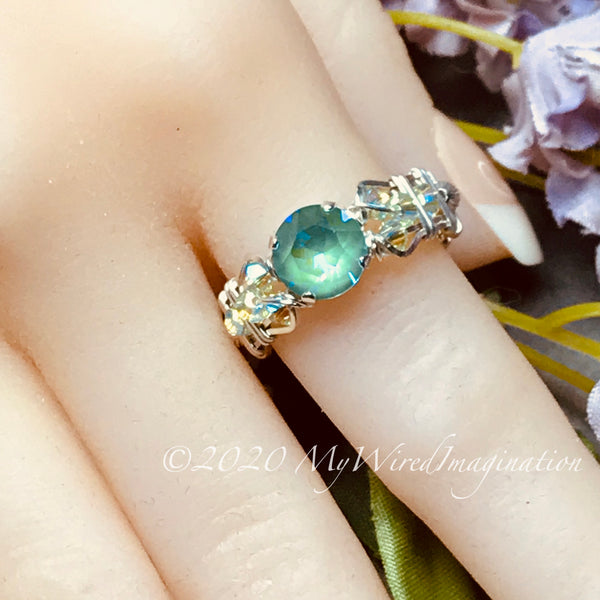 Silky Sage DeLite Ring, Genuine Swarovski Crystal, Handmade Ring, Sterling Silver, US Size 9