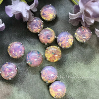 Pink Fire Opal, 2 Pcs 11mm 48ss Round Vintage West German, Glass Cabochons with Setting