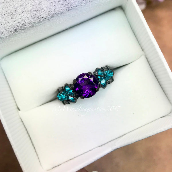 AAA Royal Amethyst, Handmade Ring, Oxidized Sterling Silver, US Size 7