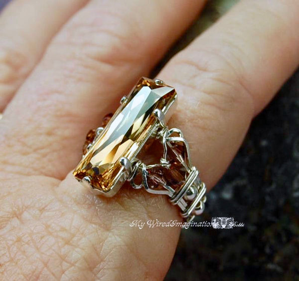 LAST One, Golden Shadow, Swarovski Crystal, Handmade Ring, Sterling Silver, US Size 7.5