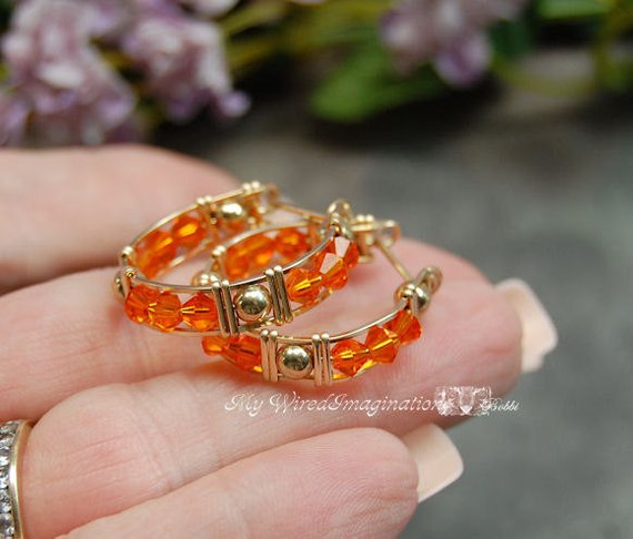 Handmade Crystal Hoop Earrings in Swarovski Sun Orange and 14K GF